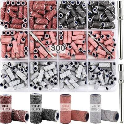 AROIC 300Pcs Nail Drill Bits Sanding Bands with 2Pcs 3.1mm Mandrel Bit Set | 80/120/180/240 Grit File Sand Bands for Nail Drill, Mini Sanding Bands for Acrylic Nails Gel Manicure Pedicure Removing