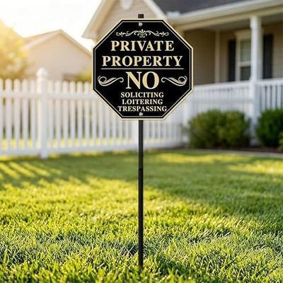 Private Property No Trespassing Sign with Stake, 11x11 inch/30 inch High, No Soliciting Sign for House, Weatherproof & Fade-Resistant, Easy to Install for Home, Front Door, Business