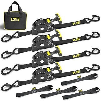 KJE Retractable Ratchet Straps, (4) 1" x 10' Automatic Tie Down Straps + (4) Soft Loops - 1,500lb Break Strength, T Handle & S-Hook with Clip, Self Retracting Ratchet Strap for Motorcycle, Kayak, ATVs
