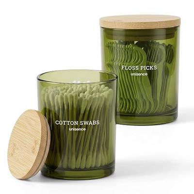 2 Pack Glass Qtip Holder Dispenser Set - Q Tip Holder for Bathroom Canister Qtip Dispenser with Lid for Cotton Balls, Swabs, Floss Picks, and Makeup Sponges ,Olive Green,Large Capacity