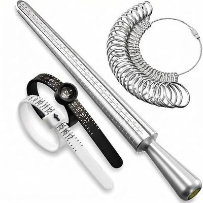 Ring Sizer Measuring Tool Set with Finger Sizer Mandrel, Ring Gauge for Jewelry Sizing, Silver, 4 Piece (Metal-4 Set)