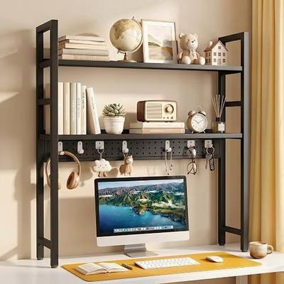 Brakki 2-Tier Desk Shelf, Desk Hutch Bookshelf with Pegboard and Hook Dorm | 30" W, Desktop Bookcase for Computer Monitor, Metal Desktop Hutch, Storage Organizer for Office, Black