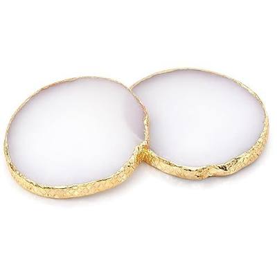 2 Pcs Resin Nail Art Palette, White Gold Edge Mixing Tray | Durable resin, easy-clean surface, for gel polish, acrylic, pigment mixing and nail art display