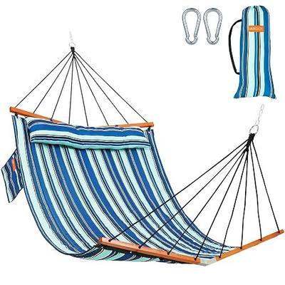 Lazy Daze Hammocks 12FT Quilted Double Hammock with V-Spreader Bar, 2 Person Portable Hammock with Nylon Rope, Side Pocket and Pillow, 450lbs Capacity, Includes Carry Bag for Outside, Blue Stripes