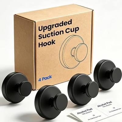 Suction Cup Hooks for Shower: Black Towel Hooks for Bathrooms, Adhesive Hooks - Drill Free, No Damage Wall Hooks for Hanging, Removable Wreath Hanger for Inside Shower, Closet, Robe, Clothes (4 Pack)