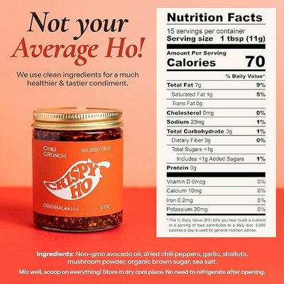 CRISPY HO Chili Crunch - Premium Chili Crisp, No Seed Oils, Avocado Oil, Chili Oil w/ Crunchy Garlic and Shallots - Spicy, Savory, Umami Hot Sauce - Vegan, Gluten Free, No Preservatives, No Soy (6oz), 15 Servings