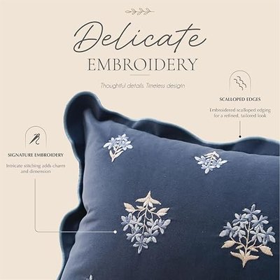 BlissBlush Long Lumbar Pillow Cover 14x36 for Bed, Navy Blue Velvet Decorative Lumbar Pillow Cover, Floral Accent Cushion Cover with Embroidery and Scalloped Edge for Couch Sofa Bed, Cover ONLY