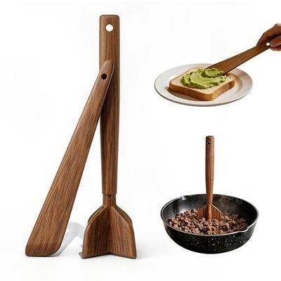 2 Pcs Teak Wood Ground Beef Masher and Spatula Set | Heat Resistant Meat Chopper for Hamburger, Potato Mix Tool, Chicken Shredder, Kitchen Appliances Utensils Essentials Set