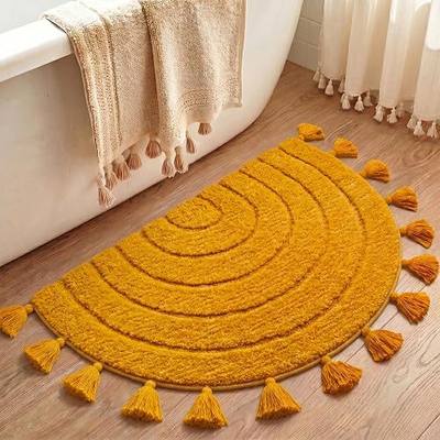 Half Circle Boho Bathroom Rug with Tassels, Non Slip Absorbent Plush Soft Cute Semicircle Bath Mat, Hand-Woven Fun Rug for Bathroom, Bohemian Decor, Machine Washable, 20"x32", Mustard Yellow