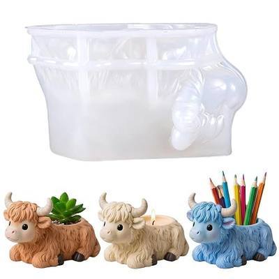 1Pcs Highland Cow Flower Pot Silicone Mold 3D Cow Shape Resin Epoxy Casting Mold for DIY Home Decor Candle Holder Pen Holder Storage Box Plaster Craft Making