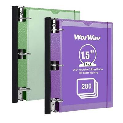 2 Pack 1.5-inch 3 Ring Binder, 360° Pivotable Foldable Binders | 3 Pockets,Customizable Cover, Holds 280 Sheets, Expandable Plastic Binder for School or Office Supplies, Purple & Green