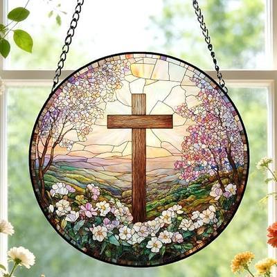 Cross and Wildflowers Stained Glass Sun Catcher,Christian Suncatchers Window Hanging Flower Cross Gift for Religious Home Decor, Easter Faith Christmas Christian Gifts for Mom 7.8 Inch