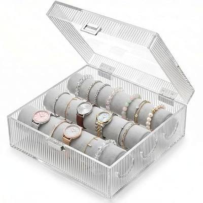 Acrylic Bracelet Holder, 3 Velvet Rods Vanity Jewelry Organizer | Large Wave Texture Clear Box, Dustproof Lid and Scratch Resistant Surface, Tangle-Free Storage for Bangles, Watches