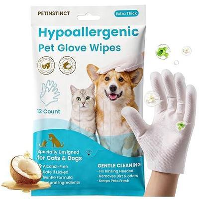 Pet Wipes for Ear Paws Butt, Pro Deodorizing Grooming Gloves | 12 PCs, Coconut Scent, Extra Thick Dog and Cat Wipes for Body Cleaning, Double Moisture, Hypoallergenic