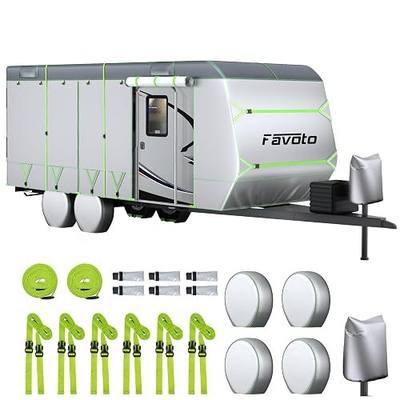 Favoto RV Cover 24-27 ft Travel Trailer Cover Windproof UV Protection | Heavy Duty Camper Cover Waterproof Outdoor with 10 Straps, Tongue Jack Cover&6 Gutter Covers Snow Rain All Weather Protection