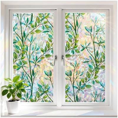 rabbitgoo Stained Glass Window Privacy Film, Rainbow Leaf, 17.5" x 78.7" | Decorative 3D Rainbow Prism Sticker, Static Cling Colorful Decals, UV Blocking Non-Adhesive Coverings for Home Door Bathroom