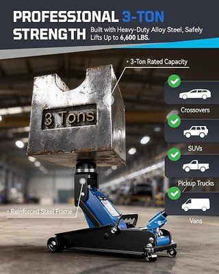 AUTOWN 3 Ton Floor Jack, Alloy Steel Hydraulic Car Jack with Quick Lift & Cross-Shape Rubber Pad, 7.1-20.9 Inch Lifting Range for SUV Truck (6600 lbs)