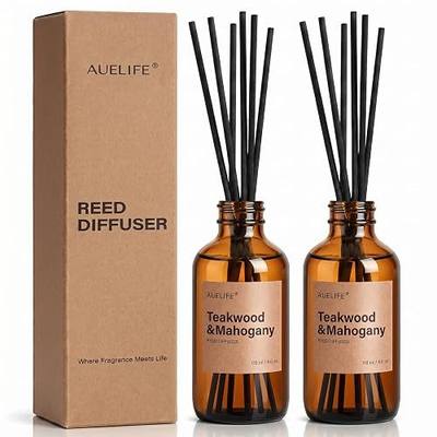 Auelife Reed Diffuser Set, Teakwood & Mahogany Scent Diffuser 2 Pack 8Fl Oz | Home Fragrance Reed Diffuser with Black Fiber Sticks for Bathroom Decor, Bedroom, Office & Housewarming Gift
