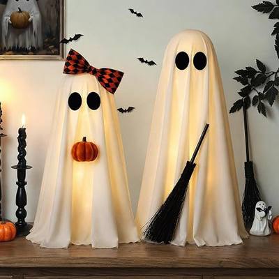 Halloween Decorations Indoor, 2 Pack Lighted Ghost Decor with Broom Pumpkin | Warm LED Glow Charming Handmade Look Cozy Farmhouse Accent Mantel Shelf Table Entryway Home Party Display