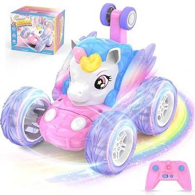 Unicorn Remote Control Car for Girls 3 4 5 6 7 8 Years Old, Pink Monster Truck with Colourful Light 360°Flip RC Stunt Car Rechargeable Kids Toy Birthday Gift/Present Juguete Carros Regalo Para Niñas