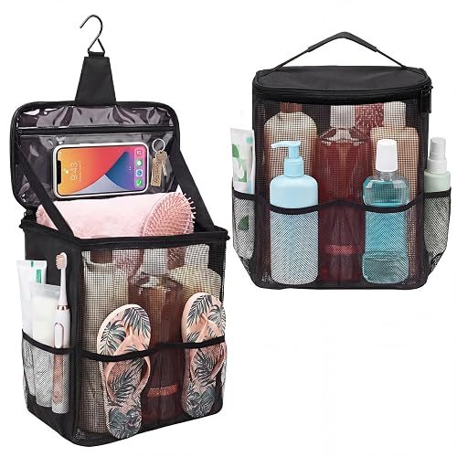 MADHOLLY Mesh Shower Caddy, Black, Portable for College Dorm | Spacious Quick Dry, Hook/Handle/PVC Phone Pocket, 5 Side Pockets, Hanging Bathroom Caddy, For Dorm Room/Camping/Gym