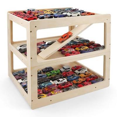 Wooden Car Garage Storage Organizer, Compatible with Hot Wheels & Matchbox | 1:64 Scale Diecast Cars,3-Tier Multi-Level Racetrack Parking Lot Display Shelf for Kids, Natural Wood