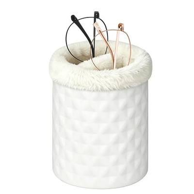 Double Glasses Holder, Silicone Plush Lined Eyeglass Holder Stand | 2 Compartments Anti-scratch Eye-glasses Case Storage Organizer for Nightstand, Desk, Table, Office, White