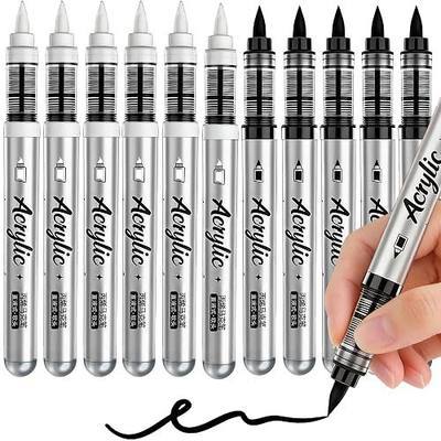 White & Black Acrylic Markers Sets, 12 Pcs Brush Tip Acrylic Paint Pens for Stone,Paper,Wood,Glass,Fabric Paint,DIY Crafts (12, 6 Black+ 6 White)