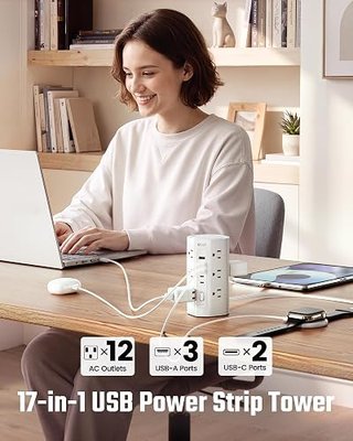 Tower Power Strip, 10Ft Extension Cord with Multiple Outlets, Flat Plug Power Tower 1700J Surge Protector, 12 AC Outlets 5 USB Ports (2 USB C), Desk USB Charging Station, Home Office Dorm Room, White