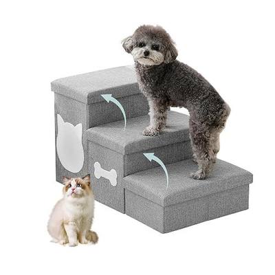 3-Step Wider Dog Steps for Bed 17" H, Foldable Dog Stairs with Storage, Non-Slip Pet Steps for Small Medium Large Dogs, Arthritis-Friendly Pet Stairs for Couch and Car Up to 200 lbs, Grey