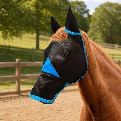 Hilltown Horse Fly Mask with Ears and Nose Cover - Cob, Blue | Large Eye Space, Full Face UV-Block, Breathable Mesh, Adjustable Fit, Soft Fleece Trim for Grazing, Riding & Daily Use