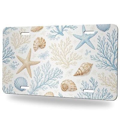 Coastal Front License Plate Seashell Starfish Coral Ocean Marine Beach Aluminum Decorative License Plates Funny Novelty Vanity Tag Cover 12×6 Inch Car Decor Accessory with 4 Holes for Men Women