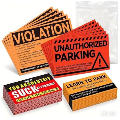 120Pcs Parking Violation Kit - Mixed Pack of 20 Hard-to-Remove Towing Stickers (Orange & Red) & 100 Funny Bad Parking Cards - High Visibility Warning Labels for Private Lots, Driveways & Pranks