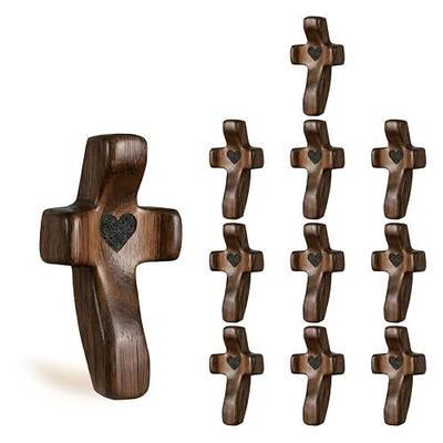 Wooden Cross Fidget Pocket Prayer Crosses Bulk, Handheld Comforting Cross for Anxiety Relief, Christian Religious Gifts, Baptism Favors, Church Cross My Heart Encouragement Gifts (10Pcs)