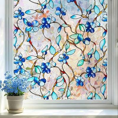 Rainbow Window Privacy Film, Heat & UV Blocking Stained Glass Static Cling with Blue Vine Floral Pattern for Home, Bathroom Window or Door (Installation Tools, 17.5"×78.7")