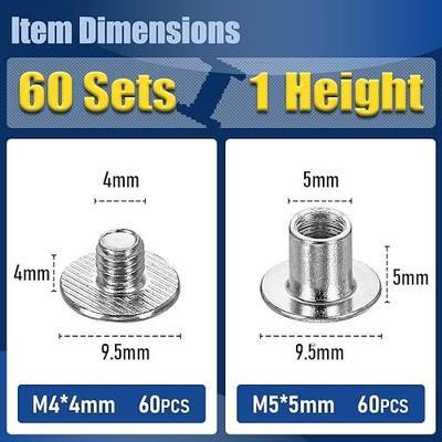 60 Sets Chicago Screws for Belt Buckles and Dog Collars, M5x5mm Post & M4x4mm Screw (3/16"), Carbon Steel Leather Rivets for Thin Crafts,(Silver)