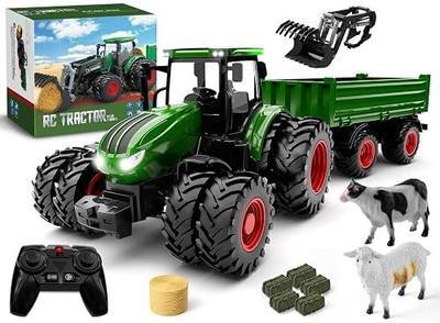 Remote Control Tractor Toys for Boys | Metal Hood & 8 Rubber Tires, 1:24 Scale 2.4 GHz RC Truck Farm Vehicle Playset with Detachable Trailer, Front Loader and Animals, Toy Gifts for Kids Ages 3-5 4-8
