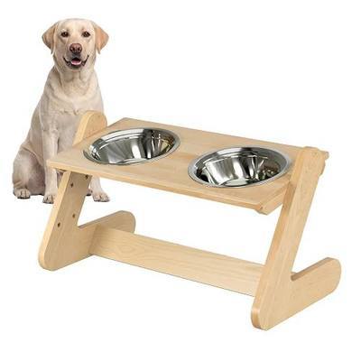 Solid Birch Wood Elevated Dog Bowl Stand for Large & Medium Dogs | Raised Dog Bowl Stand, 3 Heights, 10° Angled Top, Water-Resistant Finish, 2 Stainless Bowls, 8" Openings