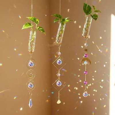 3pcs Crystal Suncatchers with Plant Propagation Tubes for Window Wall | Mini Flower Vase Glass Planter Stations For Hydroponics,Home Garden Office Decoration,Plant Lover Gift,Rainbow Sun Catcher