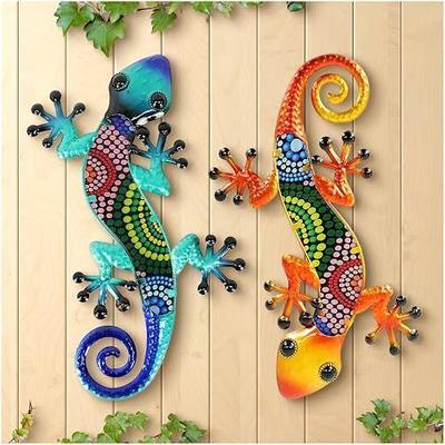 VIYYIEA Metal Gecko Outdoor Wall Art, Stained Glass Garden Wall Decoration, 10" x 15" 2 Pack Set Hanging Glass Sculptures, for Fence Yard Patio