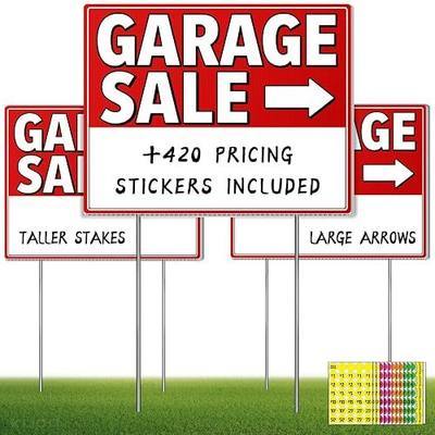 Garage Sale Signs with Stakes (3 Pack Kit) - Double Sided Yard Sale Signs with High-Visibility Arrows, 17x13 Inch Garage Sales Kit & Yard Supplies with 420 Pricing Stickers, Weatherproof 4mm Corrugated Plastic