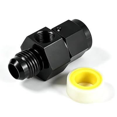 6AN Male Flare to -6 Female Swivel Fuel Pressure Take Off Fitting with 1/8" NPT Gauge Port, CNC Machined Anodized Black, for E85 Gasoline Methanol Racing Fuel Systems