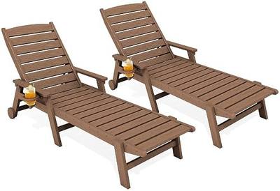 HDPE Lounge Chair Outdoor Set of 2, All Weather Pool Lounger | 5 Position Adjustable Backrest Patio Chaise Lounge with Cup Holder for Outside, Wood Brown