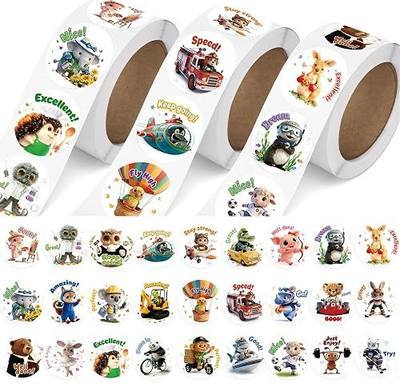 1500PCS Animal Reward Stickers for Kids, 3 Rolls 27 Cute Animal Designs Motivational Stickers for Students, Teachers, Classroom Rewards, School, Homework, Incentive Charts and Party Favors (1 Inch)