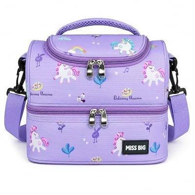 MISS BIG® Purple Unicorn Kids Lunch Bag, Dual Compartment School Bag | Dual compartments for lunch, snacks, fruit, and travel
