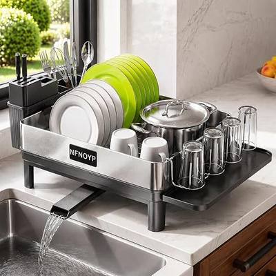 Dish Drying Rack, 304 Stainless Steel Dish Rack and Drainboard Set, Rustproof Dish Drainer with Anti-Pooling Automatic Drainage, Large Capacity Kitchen Counter Organizer, Black