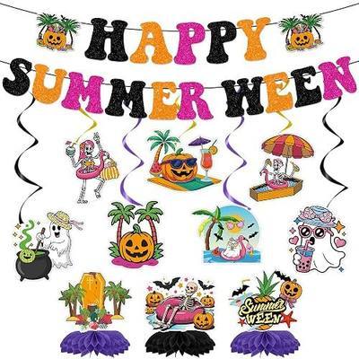 12 Pcs Summer Halloween Party Decorations Set | 2 Glitter Banners, 7 Hanging Swirls, 3 Honeycomb Centerpieces, Summer Ween Beach Pool Party Décor