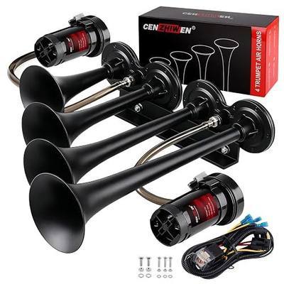 12V Train Air Horn for Truck With 2 Compressors/4 Metal Trumpets | Train horn kit is made of chrome plated zinc, 180dB Loud, weatherproof, easy install, fits for 12V Cars/Pickup/Motorcycles