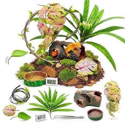 Crested Gecko Tank Accessories Kit,Tree Trunk Hideout, Artificial Plants | Feeding Bowl, Jungle Vines , Resting Leaves Platform , hygrometer thermometer , for Leopard Gecko, Frogs, Hermit Crabs