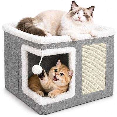 Cat Beds for Indoor Cats - Cat House Cave with Fluffy Ball and Scratch Pad, Foldable Cat Condo Hideaway with Reversible Cushion for Multi Small Large Pet, Light Grey